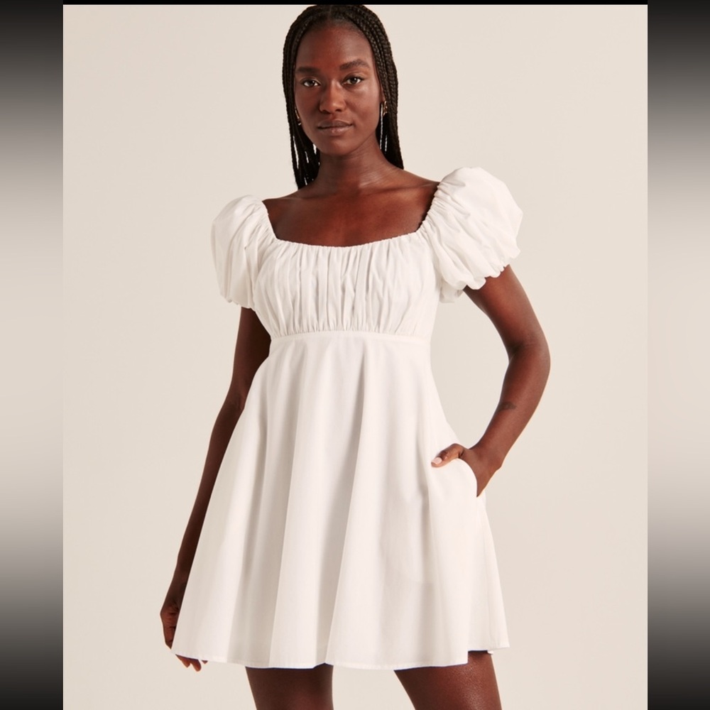 Abercrombie & Fitch White Puff-Sleeve Square-Neck Mini Dress
